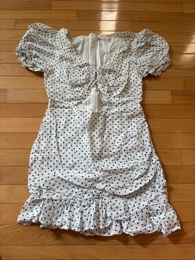 Sundae Muse White Polka Dot Tie-Front Mini Dress with Puff Sleeves
